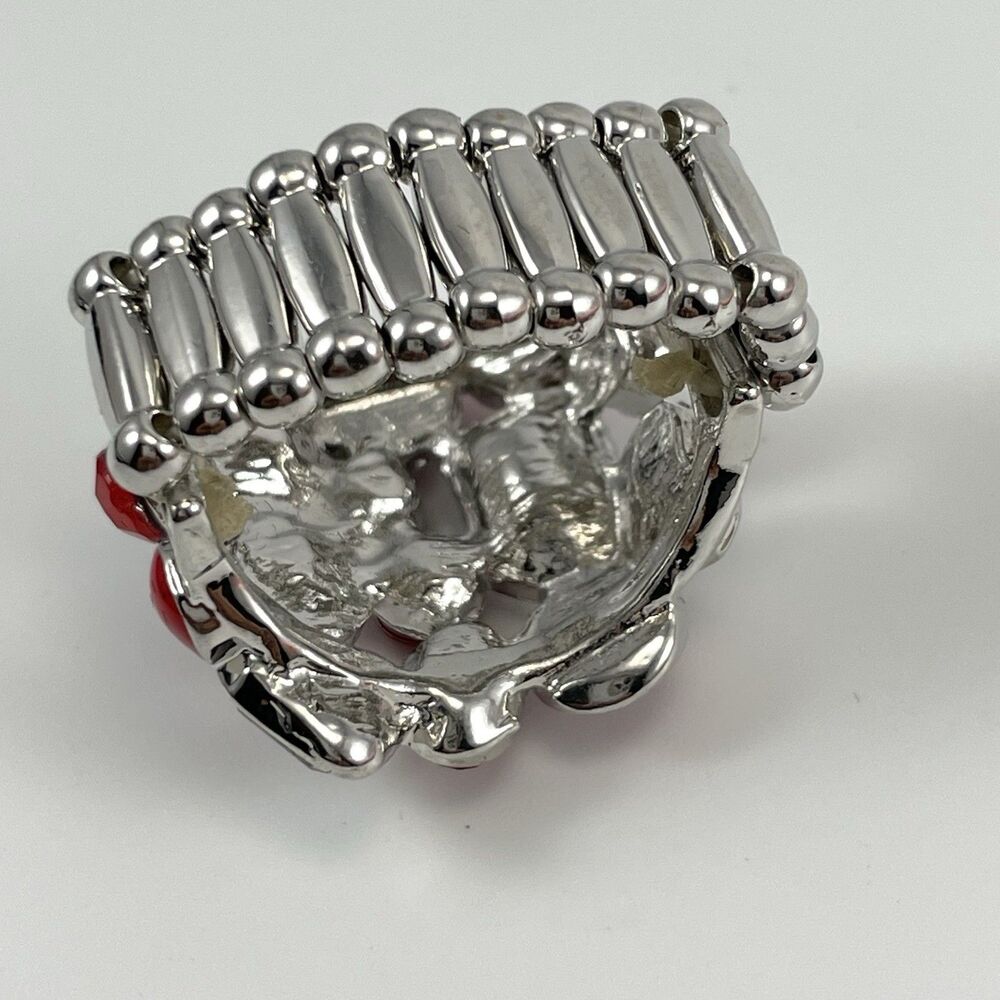 Silver Tone Red White Rhinestone Cluster Cocktail Ring Stretch Statement - Picture 5 of 7